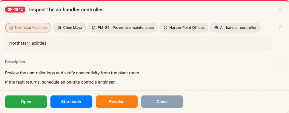 Tairo request detail for an offline air handler controller